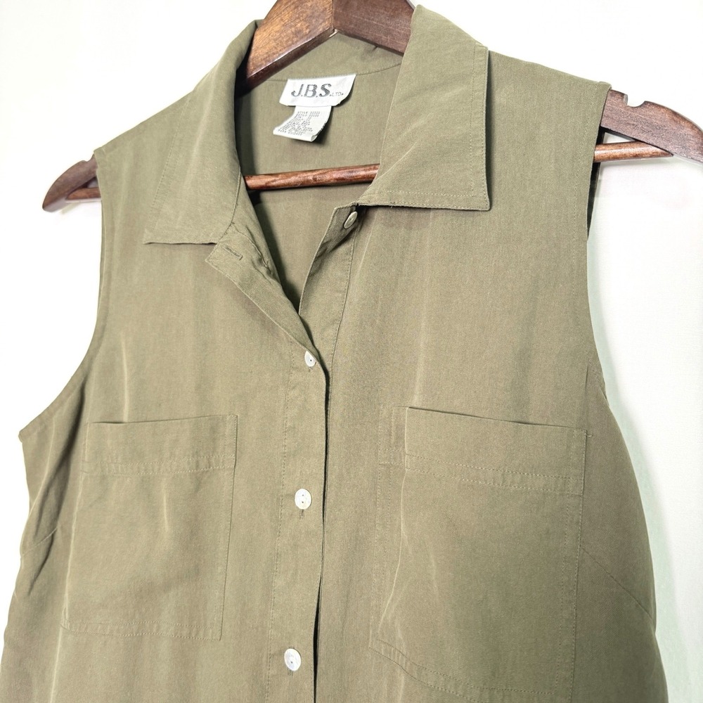 VINTAGE JBS Ltd Womens 100% Silk Sleeveless Maxi Shirt Dress Olive Green 10 Y2K